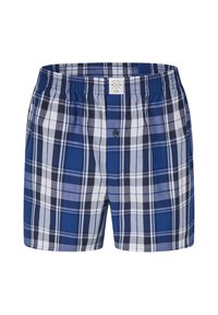 Rutor i blå nyanser med vita och svarta detaljer. Elastisk midja och knappstängning fram. Tillverkat av bomull med en mjuk textur.