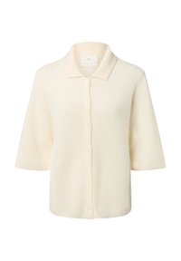 Crème-kleurige, kortärmelige gebreide cardigan met een kraag en knopen aan de voorkant, gemaakt van een alpaca-mix stof.
