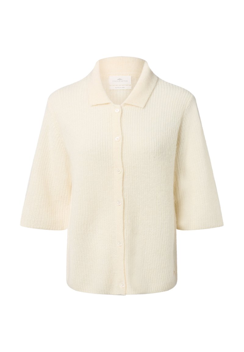 Crème-kleurige, kortärmelige gebreide cardigan met een kraag en knopen aan de voorkant, gemaakt van een alpaca-mix stof.