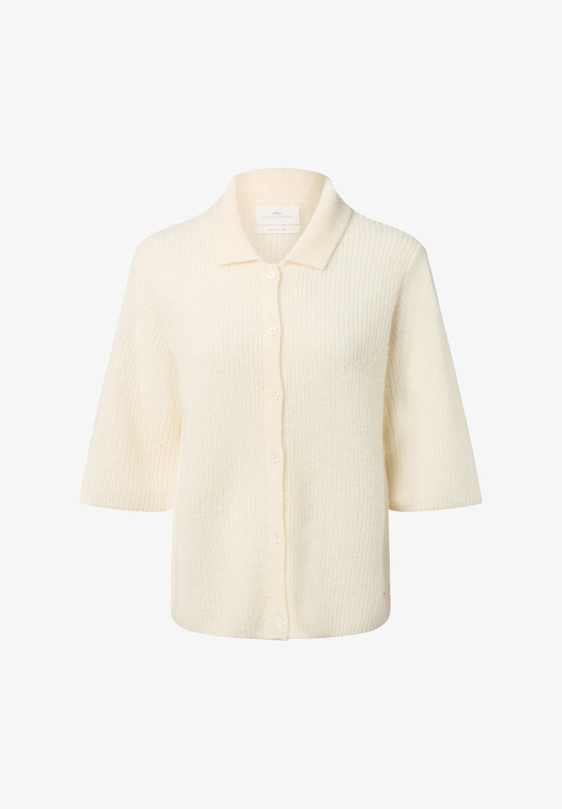 Crème-kleurige, kortärmelige gebreide cardigan met een kraag en knopen aan de voorkant, gemaakt van een alpaca-mix stof.