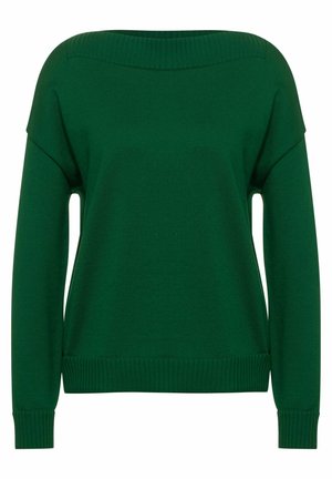 Dunkelgrüner gestrickter Pullover mit langen Ärmeln, gerippten Bündchen und Saum sowie einem weiten Bootsausschnitt.