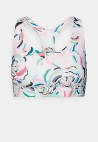 Sutiã desportivo com um padrão floral em cores pastel, apresentando um design de costas cruzadas e um tecido suave e elástico para conforto e suporte.