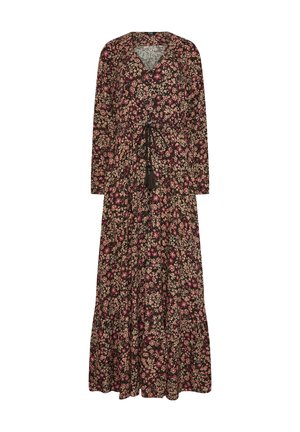 Larga vestido floral sobre un fondo oscuro, con flores en tonos rosa y crema. Escote en V, cierre de botones, cintura ajustable con lazo y falda fruncida.