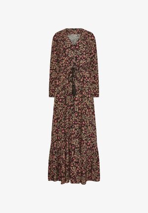 Long floral dress in dark background, featuring pink and cream flowers. V-neckline, button closure, adjustable tie waist, gathered skirt.
