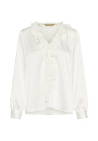 Biała bluzka z gładkiego materiału, z dekoltem w kształcie litery V i ozdobnym detalem w postaci falbany z przodu, z bufiastymi długimi rękawami.