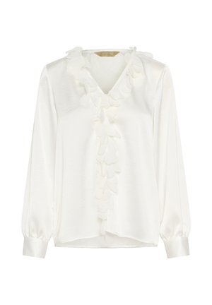 Fehér blúz sima anyagból, V-nyakkivágással és díszes fodor részletekkel elöl, puffos hosszú ujjakkal.