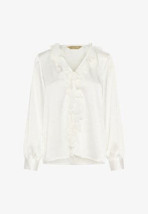 Bijela bluza izrađena od glatkog materijala, s V-izrezom i dekorativnim volanom duž prednje strane, s napućenim dugim rukavima.