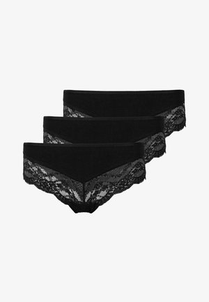 Black panties in a set of three, featuring lace trim at the edges, with a soft fabric body and a decorative, scalloped pattern.