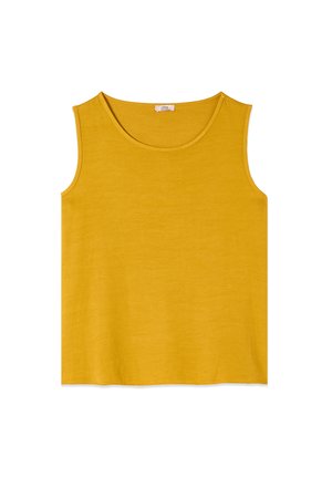 Débardeur sans manches en coton jaune moutarde avec encolure ronde et ourlet droit, présenté à plat sur fond blanc.