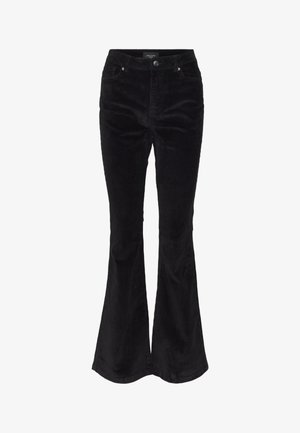 Sorte fløjl flare bukser med forlommer, lynlås og knaplukning. Teksturstof med synligt ribbestriksmønster.