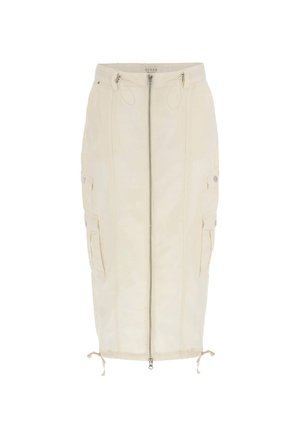 Beige midi-rok met een rits aan de voorkant, twee zijvakjes en een trekkoorddetail aan de onderkant. Gemaakt van een soepele stof.