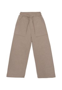 Pantalons de jogging à jambes larges en tissu beige doux. Dotés d'une taille élastique avec cordon de serrage, de deux poches avant et d'une texture lisse.