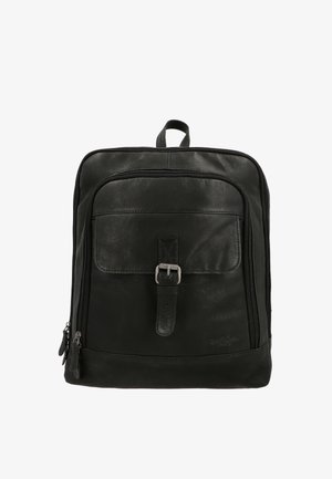 Sort læder rygsæk med en glat tekstur, frontspænde detalje, stor lynlåset hovedrum og sidelommer med lynlås.