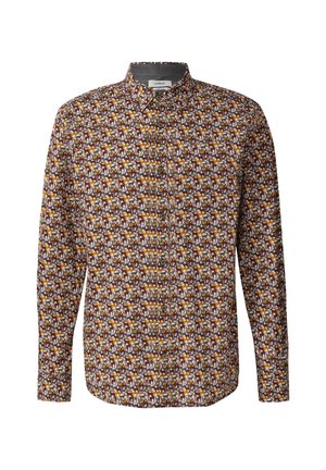 Košulja s dugim rukavima, na dugme, s višebojnim uzorkom malih konja u smešnim, belim, žutim i sivim tonovima na beloj pozadini.