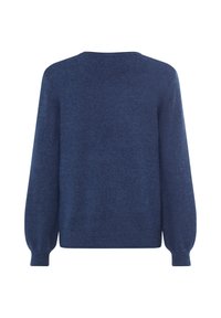 Strickpullover in dunkelmarineblau, mit rundem Halsausschnitt und langen Ärmeln mit gerippten Bündchen. Weiche Textur und klassische Silhouette.