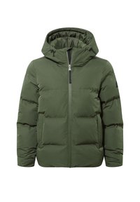 Green padded jacket with a zip closure, hood, and side pockets. Features a smooth texture and stitched panels for insulation.