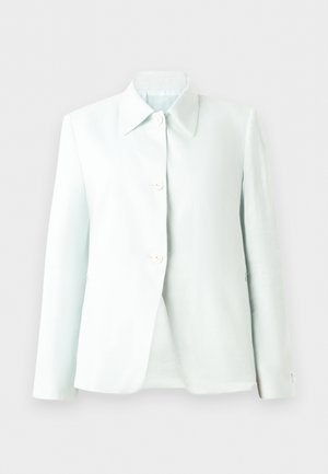 White button-up blazer with pointed collar and long sleeves, displayed on a plain background.