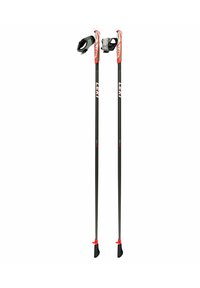 Black and red ski poles with ergonomic grips, adjustable straps, and rubber tips. Lightweight design with LEKI branding.