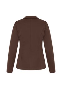 Blazer marron foncé à manches longues avec col, vu de dos, avec une taille ajustée et des détails de couture simples.