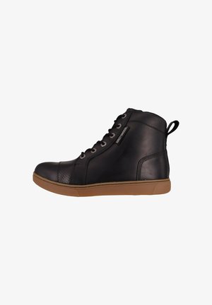 Black leather high-top sneaker with textured toe, gray eyelets, and a gum rubber outsole. Features a pull tab at the heel and branding on the side.