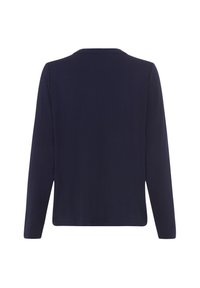 Maglia a maniche lunghe blu navy con un semplice scollo rotondo e una superficie liscia. Presenta un taglio dritto e nessun abbellimento visibile.
