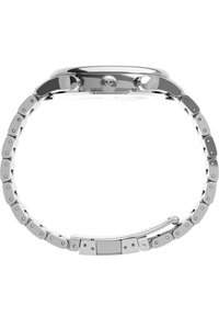 Orologio in acciaio inossidabile argentato con cassa rotonda, design a bracciale collegato e dettaglio della corona; finitura lucida e texture liscia su tutta la superficie.