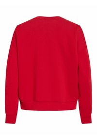 Sweat-shirt rouge à manches longues avec col rond, poignets et bas côtelés, montré de dos sur un fond blanc.