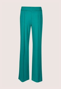 Teal wijde broek gemaakt van een gladde stof, met een platte tailleband en verticale plooien aan de voorkant voor een nette uitstraling.