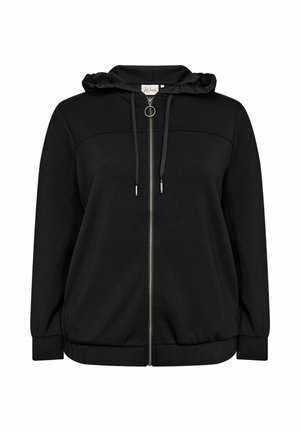 Felpa nera con zip realizzata in materiale morbido, dotata di cappuccio arricciato, cordini e polsini e orlo elastici. Texture liscia e uniforme.