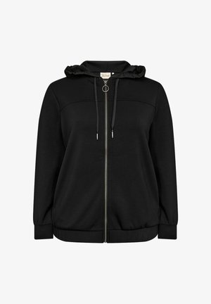 Fekete, cipzáros kapucnis pulóver, puha anyagból készült, fodros kapucnival, húzózsinórokkal, illetve elasztikus mandzsettákkal és szegéllyel. Simább, egyszínű textúra.