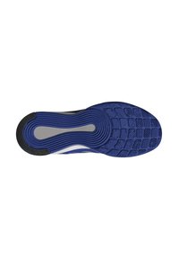 Blauwe sneakerzool met textuurrubber, groefpatronen en grijze accenten. Gecontourde vorm voor verbeterde grip en flexibiliteit.