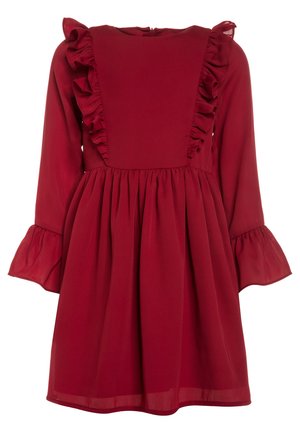 Vestido rojo de manga larga con volante en el pecho y los puños, cintura fruncida y falda acampanada.