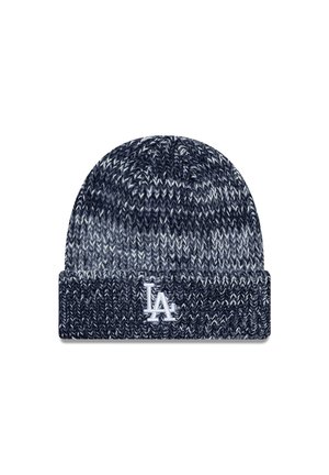 Cappello berretto nero e grigio lavorato a maglia con risvolto e logo "LA" bianco ricamato al centro davanti.