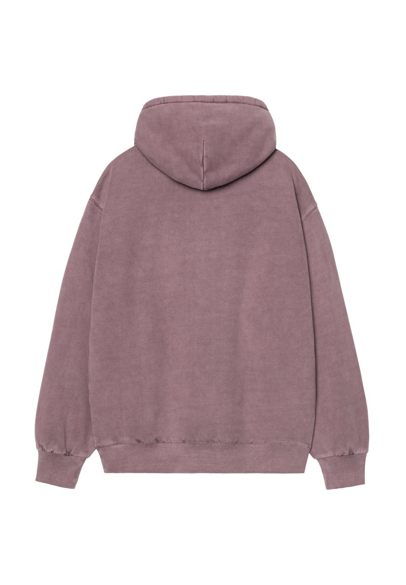 Felpa con cappuccio in mauve tenue, caratterizzata da una vestibilità rilassata, polsini e orlo a coste, e una finitura morbida e testurizzata. Nessun marchio visibile.