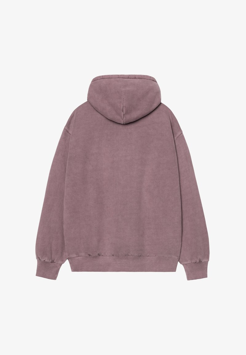 Felpa con cappuccio in mauve tenue, caratterizzata da una vestibilità rilassata, polsini e orlo a coste, e una finitura morbida e testurizzata. Nessun marchio visibile.