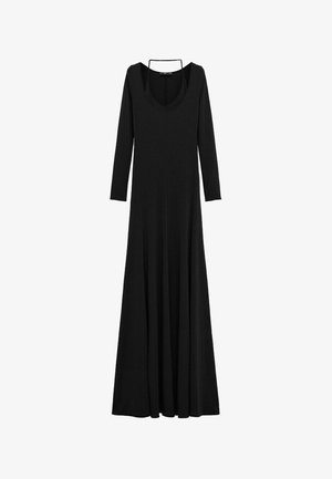 Črna maxi obleka z dolgimi rokavi, okroglim izrezom in oprijetim zgornjim delom, ki se odvija v razširjeno krilo.