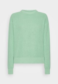 Maglione lavorato a maglia verde menta con texture a costine, scollo rotondo e maniche lunghe. Presenta una vestibilità rilassata e polsini e orlo a costine.