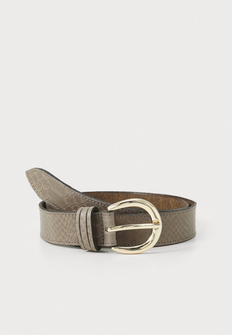 Gray leather belt with a textured snakeskin pattern, featuring a gold-tone circular buckle and a smooth finish on the strap.