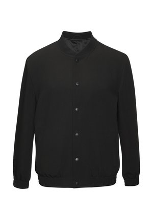 Black jacket with a smooth texture, ribbed cuffs, and a straight hem. Features a stand collar and snap-button closure. No visible patterns.