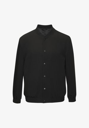 Veste noire avec une texture lisse, des poignets côtelés et un ourlet droit. Dotée d'un col montant et d'une fermeture à boutons-pression. Pas de motifs visibles.