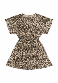 Leopardmönstrad klänning i beige och bruna nyanser, med korta ärmar, elastisk midja och lös A-linjeformad silhuett. Lättviktsmaterial.