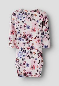 Bloemen langemouwen bodysuit met een roze achtergrond en paarse, rode en zwarte bloemen. Zacht, rekbaar materiaal met een ronde hals.