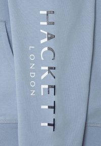 Felpa azzurra chiara con il bold bianco "HACKETT" e "LONDON" stampati verticalmente sul lato sinistro della manica. Texture liscia, design casual.