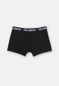 Sorte boksershorts med en hvid "PULL&BEAR" logo elastik, der har en glat, strækbar stof og en tætsiddende design med vandrette sømme.