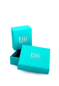 Scatola per gioielli turchese con finitura lucida, caratterizzata da un logo circolare con "Elli" e "WE ♥ JEWELS", impilata con il coperchio leggermente aperto.