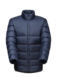 Giubbotto imbottito blu navy con colletto alto, chiusura con zip, design trapuntato e polsini elasticizzati. Realizzato in tessuto leggero e morbido.