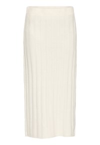 Falda midi de color crema de punto con textura acanalada vertical, cinturilla elástica y silueta recta. Material suave, diseño minimalista.