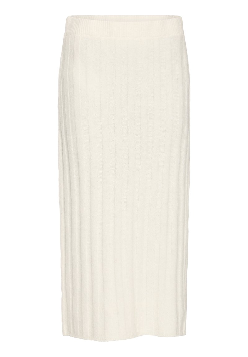 Falda midi de color crema de punto con textura acanalada vertical, cinturilla elástica y silueta recta. Material suave, diseño minimalista.