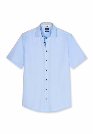 Hellblaues Herrenhemd mit kurzen Ärmeln, Knopfleiste, Kragen und schwarzen Knöpfen, mit gemustertem Innenkragenfutter.