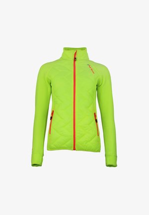 Veste matelassée vert vif avec un col haut, une fermeture éclair à l'avant et des accents orange. Elle dispose de deux poches latérales zippées. Manches longues.